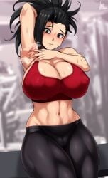 1girls areolae arm_up armpits arms_behind_head bangs big_breasts black_eyes black_hair blush breasts cameltoe cleavage clothes embarrassed gym hair_over_one_eye jmg large_breasts legs_together light-skinned_female light_skin looking_at_viewer momo_yaoyorozu my_hero_academia navel nipple_bulge nipples ponytail pussy sideboob sitting skin_tight skindentation slim_waist solo steamy steamy_armpits sweat sweaty_armpits tank_top thick_thighs toned_female watermark yoga_pants