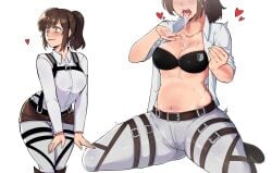 1girls after_fellatio after_oral attack_on_titan bra breasts brown_hair female hentaly sasha_braus shingeki_no_kyojin solo sweat sweatdrop thick_thighs