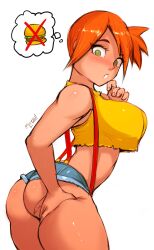 adapted_costume aleksandrgav ass ass_grab asymmetrical_hair back bare_legs blush breasts clothing cowboy_shot denim denim_shorts female female_only game_freak grabbing_own_ass green_eyes gym_leader hands_on_ass hands_on_own_ass high_resolution hips huge_ass huge_breasts kasumi_(pokemon) large_breasts legs nintendo nipples orange_hair pokemon pokemon_(anime) pokemon_(classic_anime) pokemon_(game) pokemon_rgby ponytail red_hair shirt short_hair short_shorts shorts side_ponytail simple_background smile solo suspenders tank_top thick thick_ass thick_thighs thighs tied_hair tight_clothes underboob white_background wide_hips yellow_shirt yellow_tank_top young