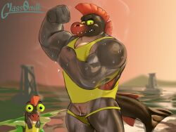 4:3 abs anthro bara biceps bodily_fluids clothing fish flexing gay gay_male glass0milk green_sclera grey_body male male_only marine muscular muscular_anthro muscular_male nintendo pecs red_fin salmonid shirt slit speedo speedo_down splatoon sweat swimwear tank_top topwear video_games