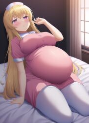 ai_generated big_breasts blonde_hair blush female female_only fully_clothed long_hair nai_diffusion nurse nurse_cap nurse_uniform original pregnant purple_eyes ready_to_pop ryo_(artist) sitting solo stable_diffusion thick_thighs white_legwear