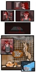 ♠ 1:2 2020 9:18 anthro ass biped blood bodily_fluids canid cobalt_(tatsuchan18) collar comic detailed_background dialogue english_text fenrir_(tatsuchan18) fur group hair hi_res male mammal open_mouth spade_(tatsuchan18) speech_bubble standing suit_symbol tatsuchan18 text trio