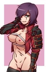 breasts_out cleavage jacket lilly_(demiboss) mechanical_arm nude purple_hair scar zakusi