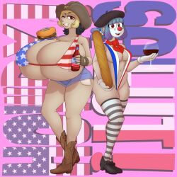 american baguette blue_hair blush breasts burger cleavage clown_girl fizzie_(vendant) french hi_res hotpants huge_breasts large_ass large_breasts multicolored_hair navel ponytail red_eyes string_bikini thick_thighs thighhighs underboob vendant wine zoey_(vendant)