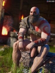 3d 3d_(artwork) balls bara beard big_balls big_penis body_markings facial_hair gay god_of_war grey_skin kratos male male_only muscles muscular penis solo solo_male spread_legs tattoo zireael