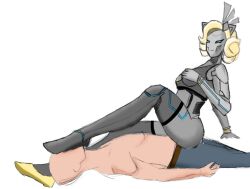 anon black_legwear dominant_female foot_on_face luna_(overwatch) overwatch robot robot_girl robot_humanoid