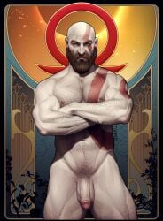 balls bara beard body_markings crossed_arms facial_hair fuhrerdoodles gay god_of_war grey_skin hairy kratos male male_only muscles muscular nude penis solo solo_male tattoo