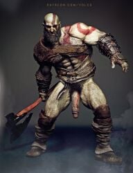 1boy 3d 3d_(artwork) axe balls bara beard big_penis body_markings facial_hair gay god_of_war grey_skin kratos male male_only muscles muscular penis solo solo_male tattoo yolco