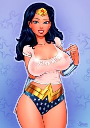 1girls abstract_background big_breasts blue_hair cleavage clothed dc dc_comics diana_prince female female_only lactating lactation shirt skadiii smile solo superheroine wet_clothes wonder_woman wonder_woman_(series)