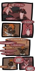 1:2 2016 9:18 animal_genitalia anthro biped canid collar comic detailed_background dialogue duo english_text fenrir_(tatsuchan18) fur genitals hair havoc_(tatsuchan18) hi_res hyaenid male mammal open_mouth sheath sitting speech_bubble standing tatsuchan18 text