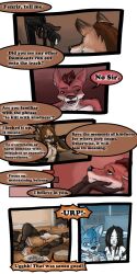 1:2 2017 9:18 anthro biped breasts canid cobalt_(tatsuchan18) collar comic detailed_background dialogue english_text female fenrir_(tatsuchan18) fur group hair havoc_(tatsuchan18) hi_res hyaenid lying male mammal mink_(tatsuchan18) on_back open_mouth sitting spade_(tatsuchan18) speech_bubble standing tatsuchan18 text