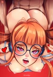 1boy 1girls ass big_ass blush breasts faceless_male glasses hanshyn headphones long_hair nipples orange_hair penetration persona persona_5 pink_eyes sakura_futaba sex