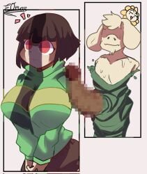 1boy 1girls 2022 aged_up anthro asriel_dreemurr big_breasts big_penis chara eosftwit female flowey_the_flower human imminent_sex male male/female red_eyes straight tagme undertale undertale_(series)