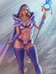 blonde_female blonde_hair blue_eyes cape crystal_maiden dota dota_2 kanzass no_sex pale_skin purple_socks socks solo_female staff tagme thigh_socks thighhighs