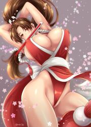 1girls arms_behind_head arms_up artist_name big_breasts breasts brown_eyes brown_hair clothed erect_nipples erect_nipples_under_clothes fatal_fury female female_only flower flowers hand_fan huge_breasts king_of_fighters light-skinned_female light_skin long_hair mai_shiranui miru nipples_visible_through_clothing object_in_mouth ponytail snk solo solo_female tagme wedgie