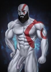 balls bara beard body_markings facial_hair gay god_of_war grey_skin kratos male male_only muscles muscular nude penis reiner55 solo solo_male tattoo