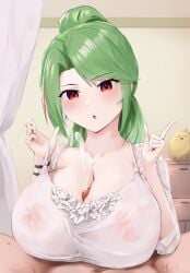 1boy 1girls :o absurdres azur_lane blush breasts camisole cleavage commission covered_nipples cum female frilled_camisole frills green_hair highres lace-trimmed_shirt lace_trim large_areolae large_breasts light-skinned_female light-skinned_male light_skin littorio_(azur_lane) littorio_(lounging_emerald)_(azur_lane) looking_at_viewer loungewear multicolored_hair official_alternate_costume open_mouth oza_osuwari paid_reward_available paizuri paizuri_under_clothes penis ponytail pov pov_crotch precum projectile_cum red_eyes ruined_orgasm sardegna_empire_(azur_lane) see-through shirt skeb_commission solo_focus straight streaked_hair white_camisole white_shirt