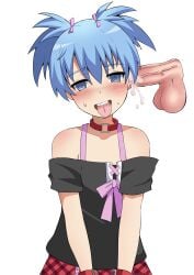 assassination_classroom balls black_shirt blue_eyes blue_hair blush canon_crossdressing clothed collar crossdressing cum cum_in_ear cum_inside dazed disembodied_penis dress ear_penetration exposed_chest exposed_shoulders femboy gay hair_ribbon looking_at_viewer looking_pleasured male male_focus male_only male_penetrated matching_hair/eyes moriya1707 penis pink_ribbon plaid_skirt red_collar red_skirt shiota_nagisa skirt skull_fucking sweat sweatdrop swirly_eyes tongue_out trap veiny_penis white_background yaoi