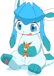 absurd_res blue_body blue_eyes blush brown_body brown_eyes catfox22 duo eevee eeveelution female feral generation_1_pokemon generation_4_pokemon genitals glaceon hi_res holding_another macro male male/female micro nintendo open_mouth penis pokemon pokemon_(species) pussy simple_background video_games white_background