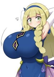 1girls alternate_costume anniversary_lillie_(pokemon_masters) armpits armwear big_breasts blonde_hair breasts breasts_bigger_than_head dress eye_contact female female_focus female_only fully_clothed game_freak green_eyes huge_breasts jaga334 light_skin lillie_(pokemon) long_hair looking_at_viewer looking_back nintendo pokemon pokemon_(game) pokemon_masters pokemon_sm solo standing white_background