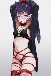 blue_eyes bondage collar female hololive hololive_english hololive_myth koahri lingerie looking_at_viewer midriff mole ninomae_ina'nis pierced_ears purple_hair tentacle_hair thighs tied_up virtual_youtuber