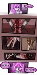 1:2 2017 9:18 anthro biped bondage canid collar comic daisy_(tatsuchan18) detailed_background dialogue english_text female fenrir_(tatsuchan18) fur group hair hi_res lagomorph leporid male mammal onomatopoeia open_mouth rabbit sound_effects spade_(tatsuchan18) speech_bubble standing tatsuchan18 text trio whip whip_mark