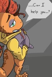 anthro being_watched bottomless clothed clothing dialogue foreskin generation_5_pokemon genitals hi_res hoodie hoodie_only looking_at_another male male_only moxsully nintendo penis pokemon pokemon_(species) scrafty solo solo_male speech_bubble topwear topwear_only video_games voyeur