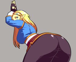 1girls ass ass_focus big_ass big_breasts black_pants blonde_hair blue_shirt bottomwear breasts breath_of_the_wild dat_ass female female_only goldeneyensfw green_eyes hair huge_ass hylian_ears long_hair nintendo pants pointy_ears princess_zelda shirt solo solo_female the_legend_of_zelda zelda_(breath_of_the_wild)