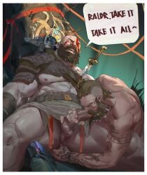 2boys aesir_(norse_mythology) baldur_(god_of_war) balls bara beard blowjob body_markings boner erection facial_hair fellatio fingering gay god_of_war grey_skin kratos male male_only muscles muscular oral penis spread_legs tattoo tooboshoo