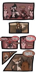 1:2 2016 9:18 animal_genitalia anthro biped breasts canid cobalt_(tatsuchan18) collar comic daisy_(tatsuchan18) dialogue english_text female fenrir_(tatsuchan18) fur genitals group hair havoc_(tatsuchan18) hi_res hyaenid lagomorph leporid male mammal mink_(tatsuchan18) open_mouth rabbit sheath sitting spade_(tatsuchan18) speech_bubble tatsuchan18 text