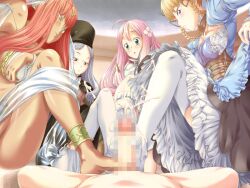 1boy 4girls a-10_(artist) ahoge anklet aqua_eyes aruto_wanetto blonde_hair censored cum dark-skinned_female dark_skin dress ejaculation evangeline_(tekoire_princess) feet female ffffm_fivesome fivesome flower footjob francesca_(tekoire_princess) frilled_socks game_cg group_sex hair_flower hair_ornament jewelry knee_socks kneehighs kneesocks legwear light-skinned_female light-skinned_male light_skin male_pov merveille mitsuru_(tekoire_princess) multiple_footjob penis pink_hair pov red_eyes red_hair socks stockings teamwork tekoire_princess! thigh_socks thighhighs white_hair white_socks