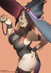 1girls absurd_res ascari_megane_(aurahack) ass aurahack black_nails breasts cleavage clothing female female_only hi_res leotard mole mole_under_eye nail_polish painted_nails skindentation solo thick_thighs thighhighs witch_hat