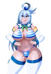 1girls alternate_costume alternate_version_available aqua_(konosuba) armwear big_breasts blue_eyes blue_hair bottomwear bra breasts cleavage clothing female female_only hair hands_on_waist huge_breasts kono_subarashii_sekai_ni_shukufuku_wo! ladycandy2011 lips panties smile solo solo_female striped striped_bra striped_panties thick_lips thick_thighs thighhighs thighs thin_waist tongue tongue_out topwear white_background white_gloves white_thighhighs