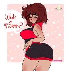 1girls 2022 2d alternate_version_available ass ass_focus big_ass big_breasts big_butt brown_hair closed_eyes clothed english_text erect_nipples erect_nipples_under_clothes female female_focus female_frisk female_human female_only frisk frisk_au human pantylines raised_eyebrow solo solo_female tagme talking text underfell underfell_frisk undertale undertale_(series) undertale_au