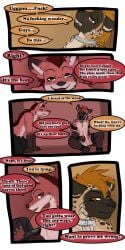 1:2 2016 9:18 animal_genitalia anthro biped canid collar comic dialogue duo english_text fenrir_(tatsuchan18) fur genitals havoc_(tatsuchan18) hi_res hyaenid male mammal masturbation open_mouth penis profanity sheath sitting speech_bubble tatsuchan18 text