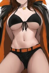 ai_generated bikini_top brown_hair cape cleavage female female_only huge_breasts nai_diffusion navel ponytail re:zero_kara_hajimeru_isekai_seikatsu shaula_(re:zero) short_shorts smile stable_diffusion sweat