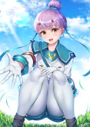 1girls bangs blue_shorts brown_eyes fiona_(xenoblade) gloves grass hair_bun hair_ribbon highres horn looking_at_viewer nintendo nobady pantyhose purple_hair ribbon shirt shorts sky smile solo squatting white_gloves white_legwear white_shirt xenoblade_(series) xenoblade_chronicles_3