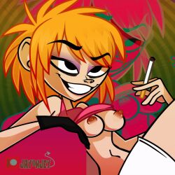 1girls 2018 animated asian asian_female blue_eyeshadow breasts color commission digital_media_(artwork) exhibitionism exposed_breasts female gloves gorillaz grin j-madeye jay-onjey lowres makeup nipples noodle_(gorillaz) noodle_(tranz) orange_hair shirt shirt_lift single_glove smoking solo solo_female uncensored