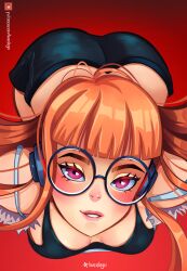 1girls ass big_ass blush breasts glasses hanshyn headphones long_hair orange_hair persona persona_5 pink_eyes sakura_futaba