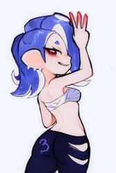 1girls 2022 armpits bare_shoulders blue_hair blush ear_piercing female female_only octoling pale_skin sarashi seisoporl shiver_(splatoon) smile solo solo_female splatoon splatoon_(series) splatoon_3 tight_clothing