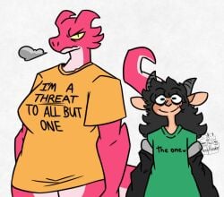 anthro big_breasts black_hair blue_eyes breasts dragon dragon_horns duo female fluffy_hair goat_horns green_shirt grumpy horns long_hair looking_at_viewer nerdyreindeer oc red_horns red_scales scales shirt tail text text_on_clothing text_on_shirt text_on_topwear white_background