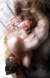 anal anal_sex atreus balls bara beard big_penis body_markings boner cum daudi_kaupmadr erection facial_hair gay giant god_of_war grey_skin kratos larger_male male male_only muscles muscular musk nude orgasm penis penis_size_difference questionable_consent rokudenashi sex size_difference stomach_bulge tattoo tongue_out