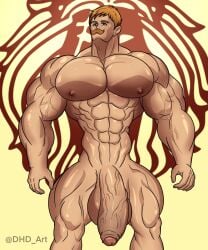 abs biceps big_penis blue_eyes dhd_art escanor flaccid ginger hyper_penis looking_at_viewer male_only moustache muscular nanatsu_no_taizai nipples tan_body the_seven_deadly_sins thick_thighs vein veiny_muscles veiny_penis