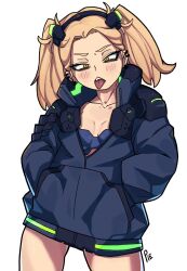 1girls alternate_costume blonde_hair blush cd_projekt_red cosplay cyberpunk:_edgerunners cyberpunk_2077 female himiko_toga looking_at_viewer medium_hair my_hero_academia pietheunusual rebecca_(edgerunners)_(cosplay) studio_trigger tongue_out twintails