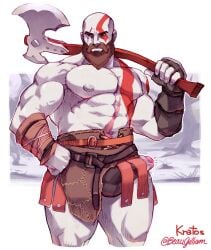 axe balls bara beard beaugilliam body_markings boner bulge erection erection_under_clothes facial_hair gay god_of_war grey_skin kratos male male_only muscles muscular penis penis_out precum solo solo_male tattoo