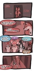 ♠ 1:2 2016 9:18 anthro biped breasts canid closed_eyes cobalt_(tatsuchan18) collar comic daisy_(tatsuchan18) detailed_background dialogue english_text female fenrir_(tatsuchan18) fur group hair havoc_(tatsuchan18) hi_res hyaenid lagomorph leporid male mammal mink_(tatsuchan18) rabbit speech_bubble standing suit_symbol tatsuchan18 text