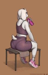 1girls ankle_socks anklehighs anthro ass big_ass bottomwear chelodoy clothed clothing dat_ass female female_only footwear full_body furry furry_only gym_clothes gym_shorts gym_uniform horns huge_ass looking_at_viewer looking_back mature mature_female mature_woman milf pantylines purple_shorts purple_topwear red_hair shoes shorts sitting socks solo solo_female tail thighs topwear toriel towel undertale undertale_(series) water_bottle white_body white_socks