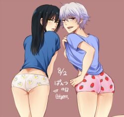 2girls akg0z0 backboob bent_over black_hair canon_genderswap female female_only genderswap_(mtf) ginko_sakata gintama gintoki_sakata katsura_kotarou long_hair looking_at_viewer looking_back panties pink_panties presenting presenting_hindquarters print_panties red_eyes rule_63 shirt_lift short_hair sideboob silver_hair smile smug strawberry_print teasing underwear very_short_hair white_hair white_panties yellow_eyes