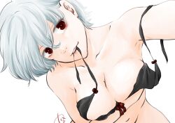 arm_under_breasts black_bra bra canon_genderswap cleavage female female_only genderswap_(mtf) ginko_sakata gintama gintoki_sakata looking_at_viewer medium_breasts red_eyes rule_63 selfie short_hair silver_hair smile solo trbxsymn unhooked_bra very_short_hair white_hair