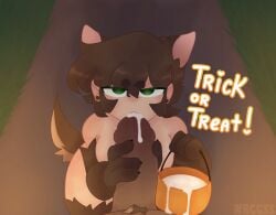 2boys animal_ears animal_humanoid basket black_body brown_fur brown_hair cum dark_skin earrings edd_(eddsworld) eddsworld femboy gay green_eyes halloween halloween_pumpkin holding_penis nrccsspuk pubes pubes_exposed tail text tom_(eddsworld) wolf_ears wolf_tail